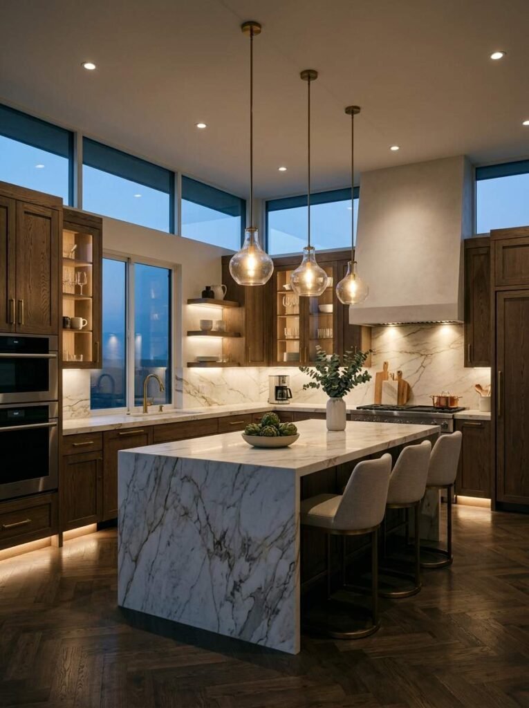 Layered kitchen lighting featuring recessed ceiling lights, warm glass pendant lights, under-cabinet LED strips, and glass cabinet lighting.