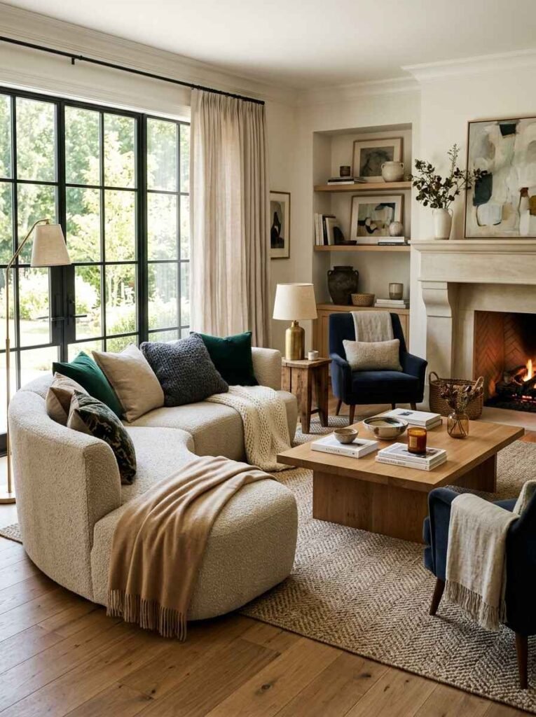 Cozy luxury seating area featuring layered rich textiles including a cream bouclé sofa, deep green velvet throw pillows, cashmere blanket, and a textured jute rug
