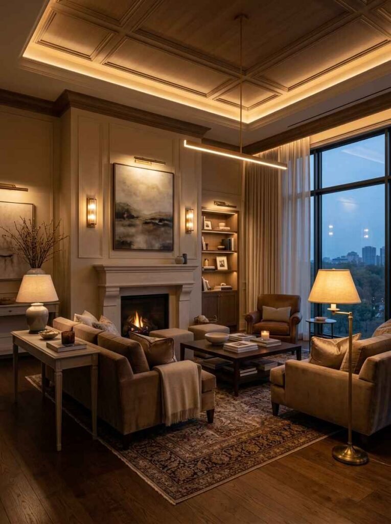 Evening luxury living room featuring warm layered lighting with recessed ceiling cove lights, brass wall sconces, floating LED shelf lights, and elegant floor lamps