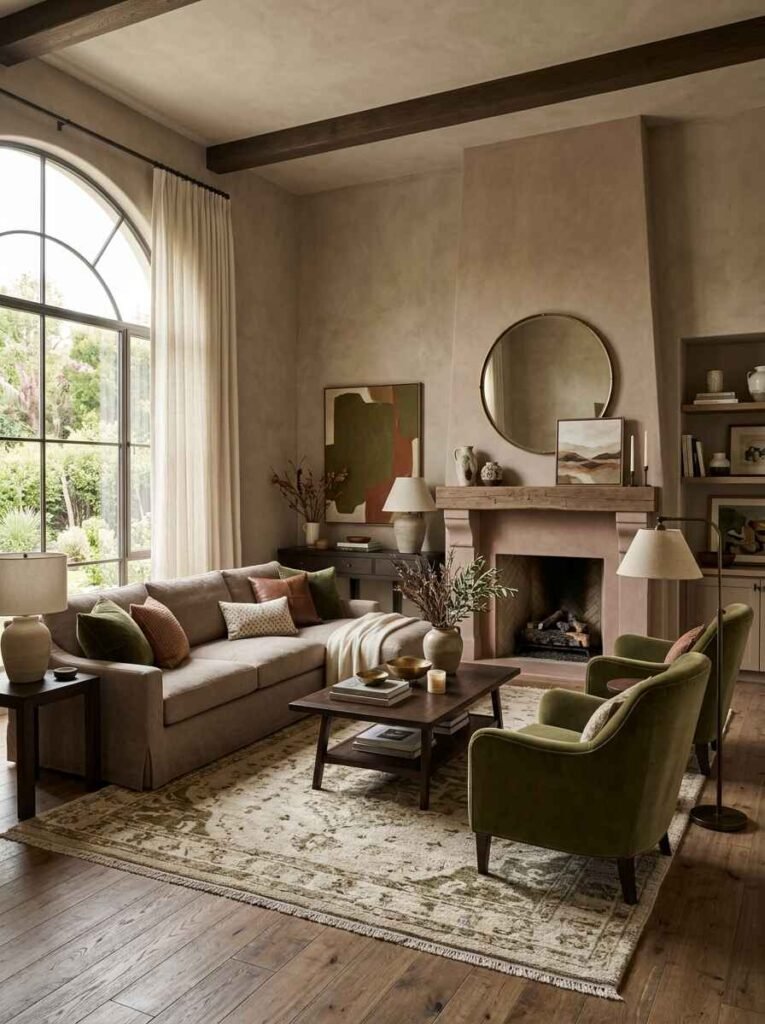 Warm organic living room with plaster walls, vaulted wood beam ceiling, terracotta fireplace, brown sofa with moss green accents, and olive velvet armchairs