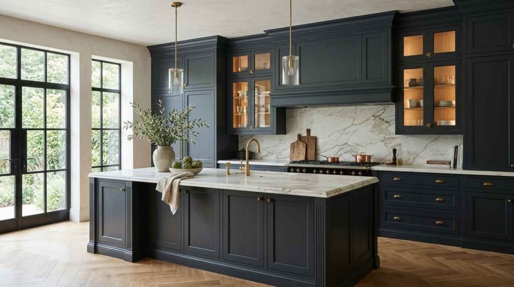 Sophisticated dark navy blue custom Shaker kitchen cabinetry with illuminated glass display cabinets, brass hardware, and marble tops.