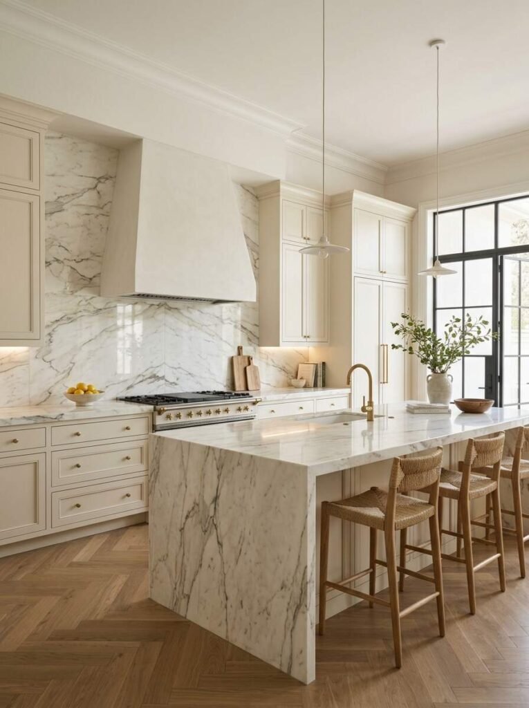 Full-height white marble backsplash with dramatic grey veining running behind a gas range, plaster hood, and light cream cabinetry. (kitchen backsplash ideas)