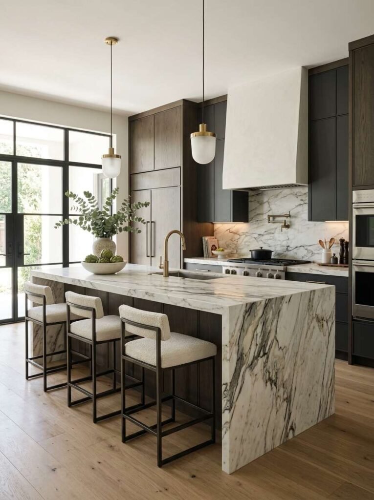 Dramatic marble kitchen island with bold grey veining, integrated prep sink, gooseneck brass faucet, and dark oak cabinetry. (luxury kitchen island ideas)