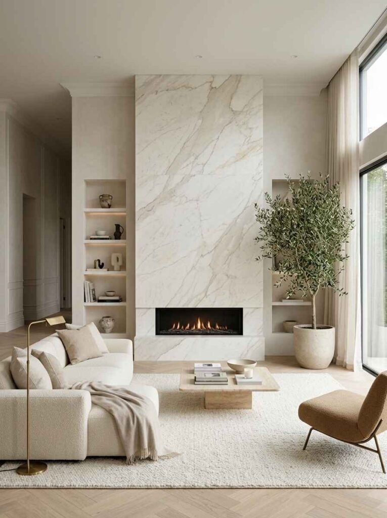 Minimalist modern living room with a floor-to-ceiling white marble linear gas fireplace, built-in recessed display niches, and warm neutral furniture.
