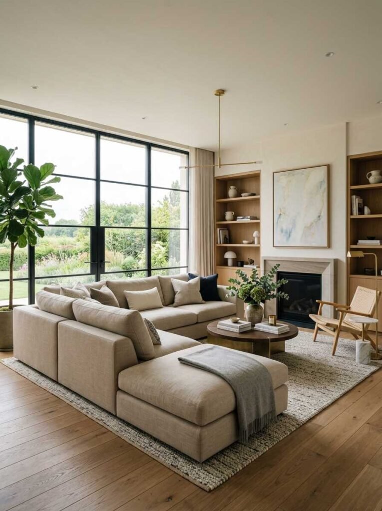 Spacious living room with a low-profile neutral modular sectional, a round dark wood coffee table, and large black-framed grid windows looking out into a garden