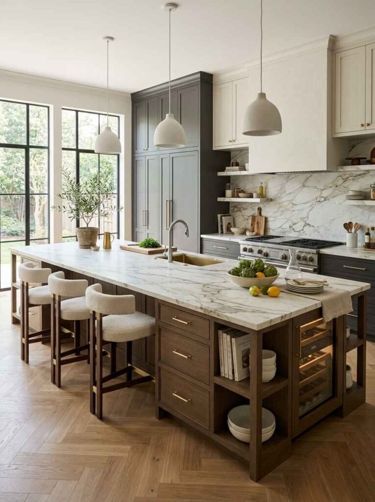 Large multi-functional marble kitchen island featuring an integrated prep sink, under-counter wine cooler, open shelving, and breakfast bar seating.