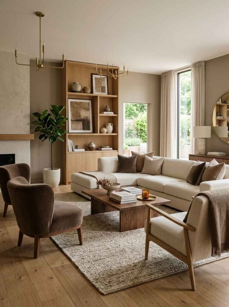 Elegant living room styled in mushroom tones with soft brown velvet accent chairs, light oak bookcases, a dark walnut coffee table, and a cream sectional couch.