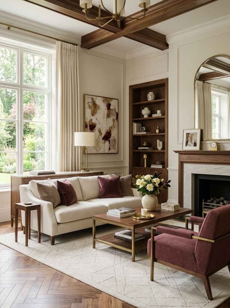 Sophisticated living room with cream wainscoting walls, a white linen sofa decorated with burgundy velvet pillows, and a matching muted burgundy accent chair.