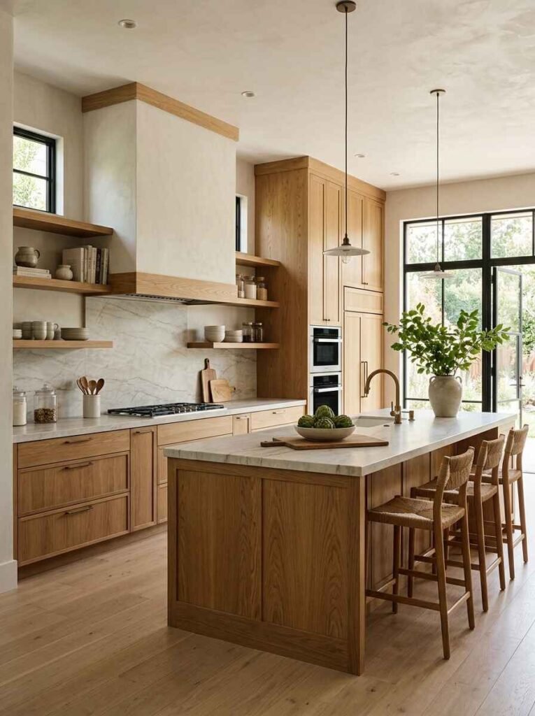 Warm natural oak kitchen cabinetry featuring floating open shelves, a plaster range hood with oak trim, and a matching oak island.