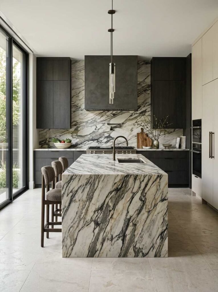 Statement waterfall kitchen island featuring expressive dark marble veining with matching full-height stone backsplash and dark cabinetry.