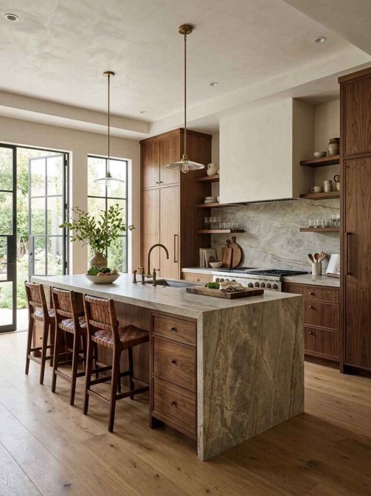 Rich walnut wood cabinetry paired with a quartzite stone waterfall island, brass faucet, and woven counter stools in a luxury kitchen.
