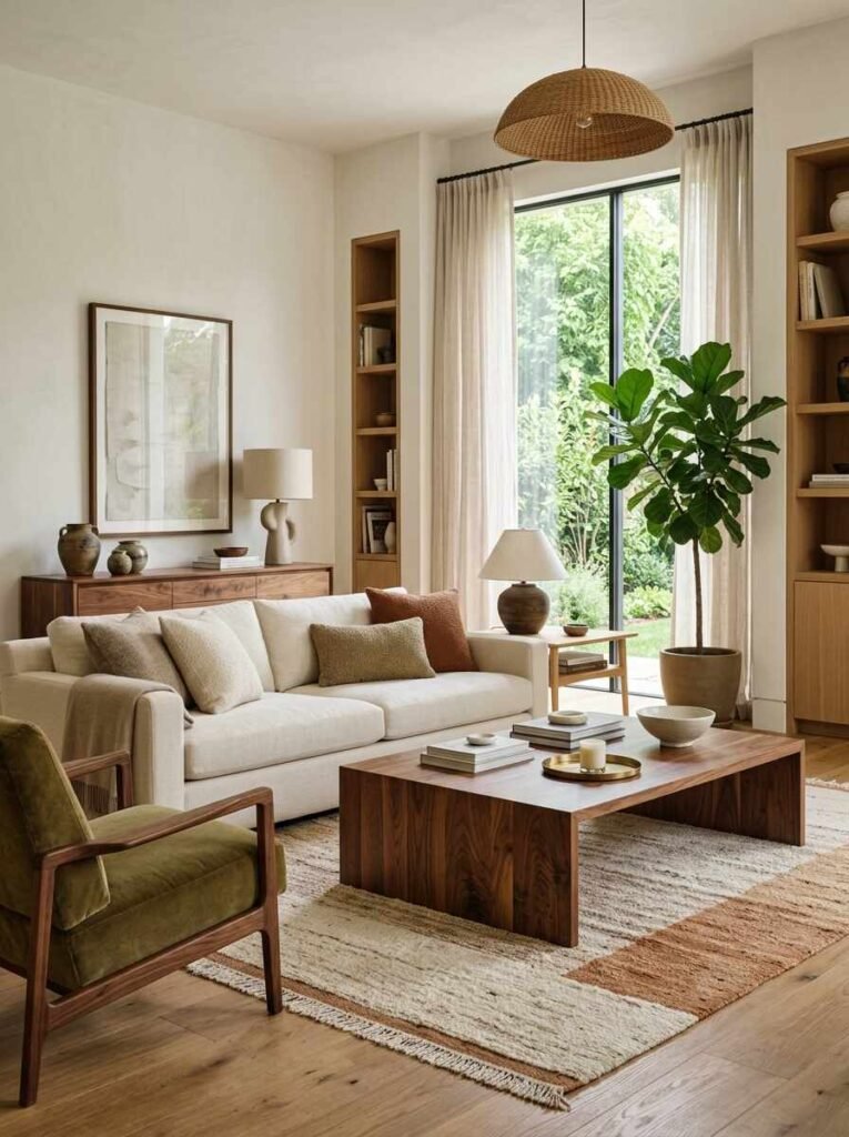 Warm contemporary living room anchored by a solid walnut block coffee table, oak wall shelving, and an olive green armchair
