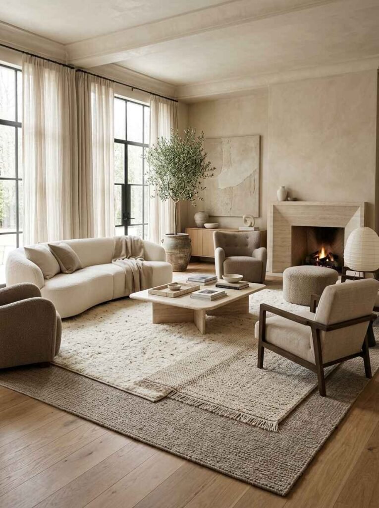 Layered neutral living room rugs combining a flat-weave jute base with a plush cream wool top rug under modern seating.