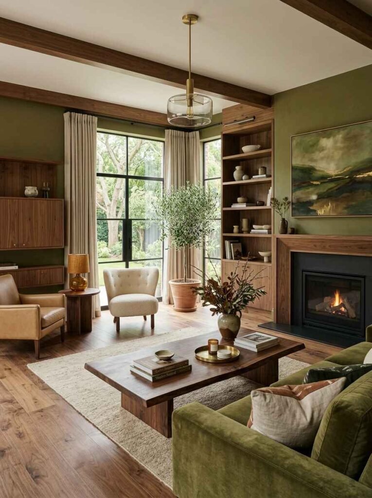 Cozy living room painted in rich olive green with custom walnut wood cabinetry, dark wood ceiling beams, an olive velvet couch, and a live-edge coffee table.