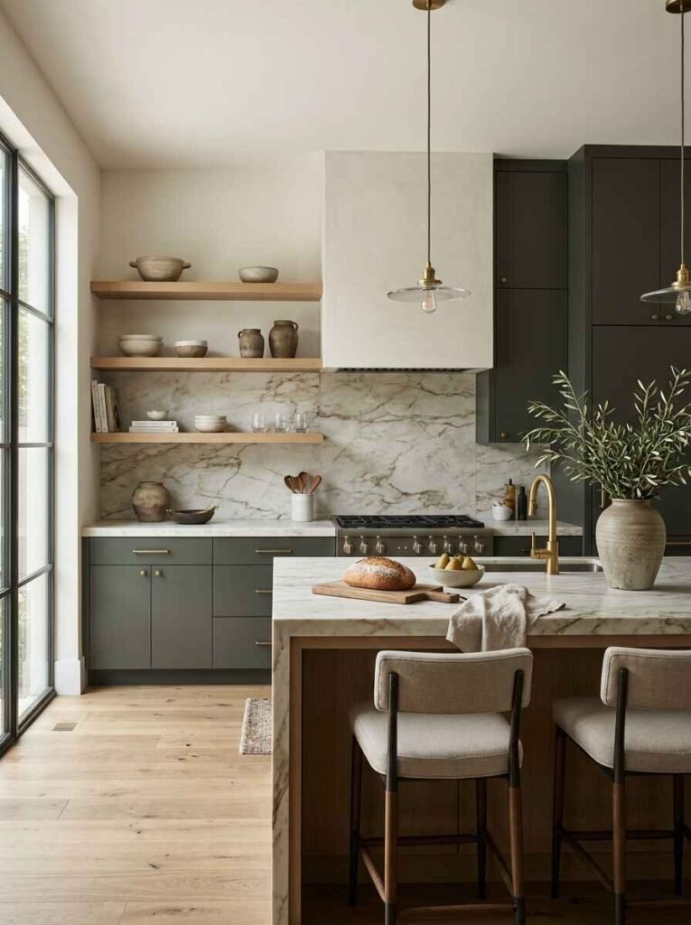 Restrained natural wood open floating shelves displaying ceramic pottery above a white marble backsplash and dark green lower cabinets.
