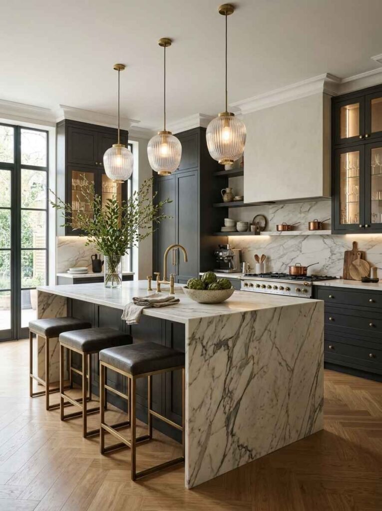 Trio of ribbed glass and brass pendant lights hanging above a dark green kitchen island with a calacatta marble waterfall top.