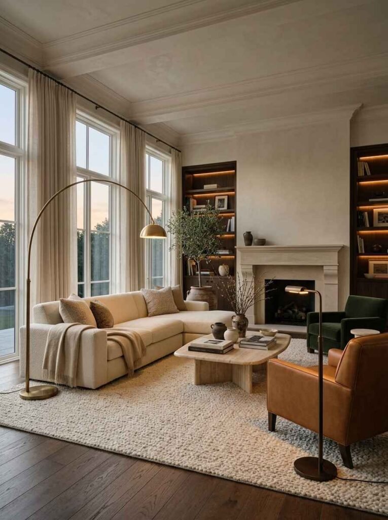 Brass arc floor lamp positioned beside a cream sectional sofa for focused seating area lighting.
