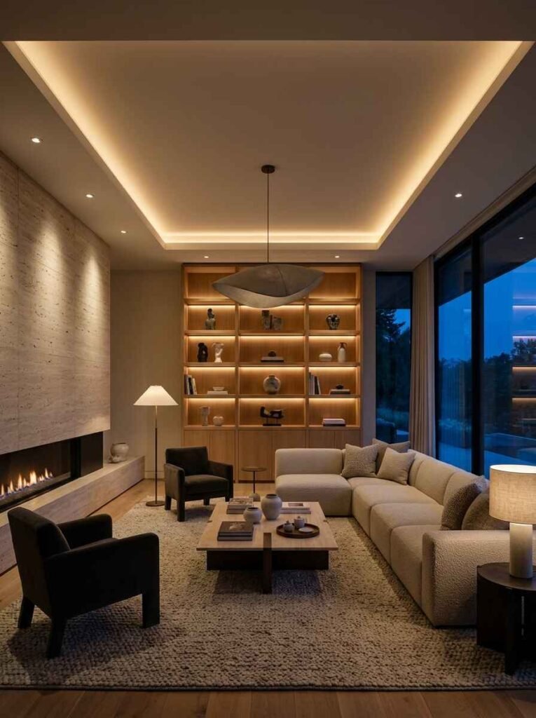 Architectural cove lighting and subtle recessed downlights in a modern luxury living room ceiling.