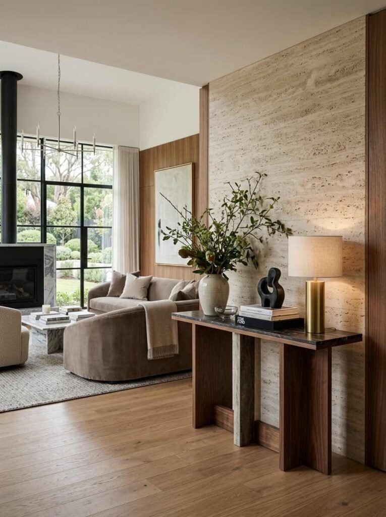 Slim walnut console table with a dark marble top placed against a travertine feature wall, decorated with a brass table lamp and a tall ceramic vase with foliage