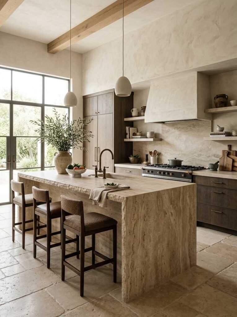 Rough-edge travertine stone waterfall island paired with flagstone flooring, limewash walls, and dark oak cabinetry.