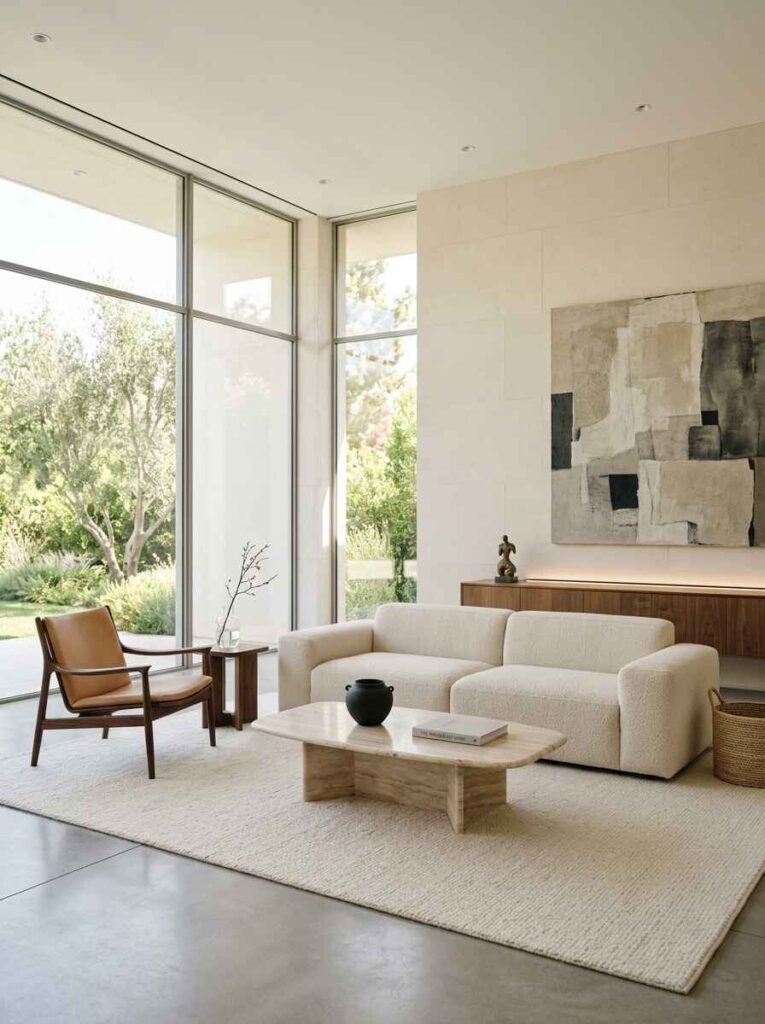Minimalist luxury living room with clean lines, featuring a low-profile cream sofa, mid-century leather accent chair, travertine coffee table, and large glass windows
