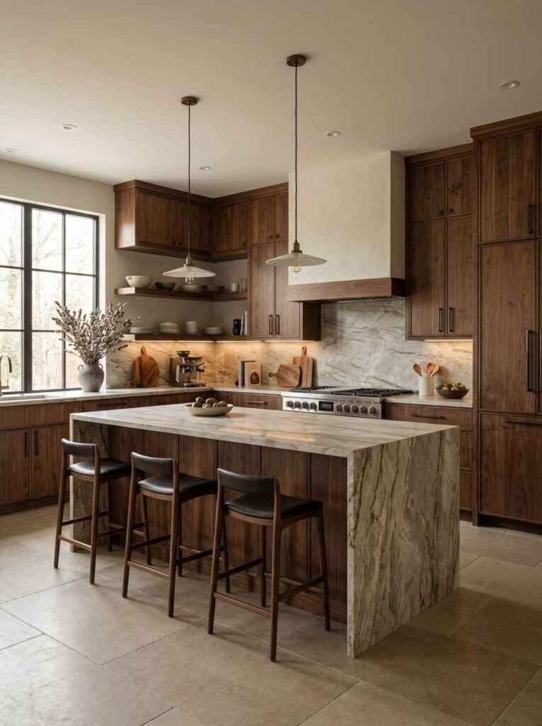 Rich dark walnut custom kitchen cabinetry paired with open corner shelving, under-cabinet lighting, and a quartzite waterfall island.