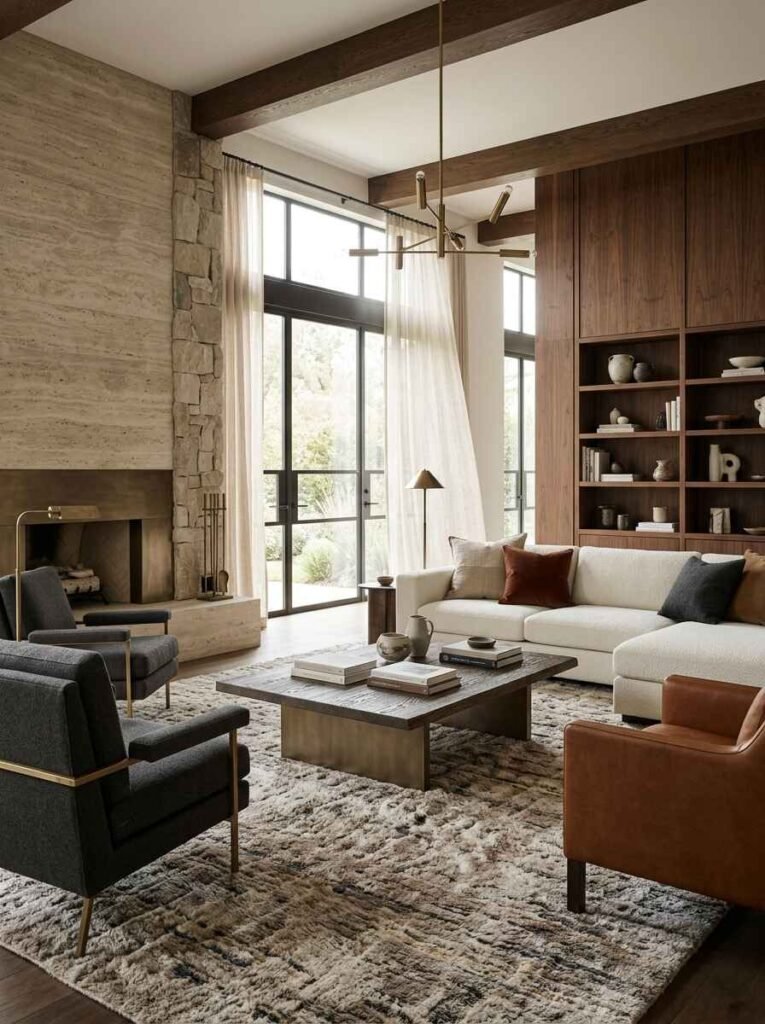 Textured multi-tonal area rug echoing dark walnut millwork, stone fireplace, and velvet armchairs in a living room.