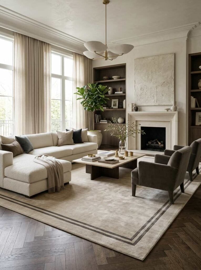 Beige wool area rug featuring a subtle dark double border framing a modern formal seating group on dark hardwood.