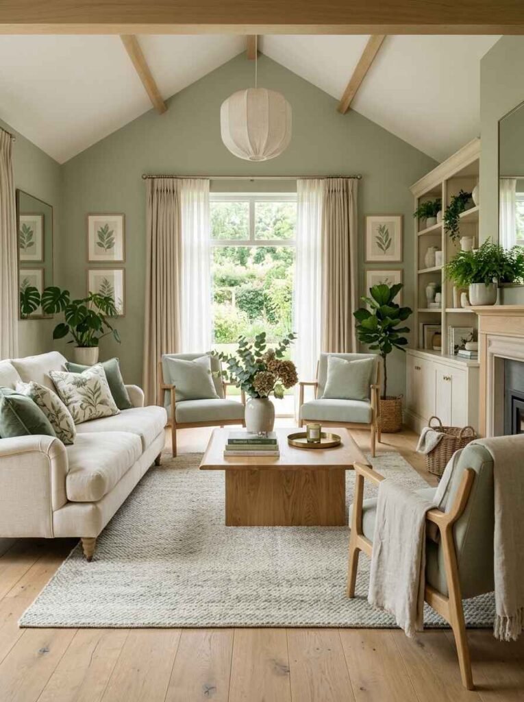 Serene vaulted living room featuring muted sage green painted walls, cream linen sofa, light oak wood floor, soft sage armchairs, and natural woven accent rug.