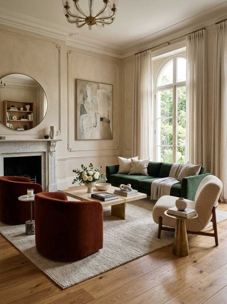 Elegantly styled living room featuring deep rust velvet tub chairs and a cream bouclé armchair surrounding a stone coffee table facing a forest green velvet sofa