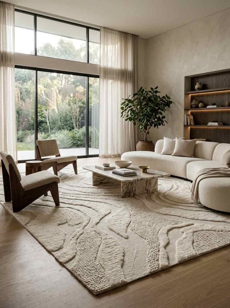 Modern carved high-low wool area rug with raised organic wave patterns in a warm neutral living room.