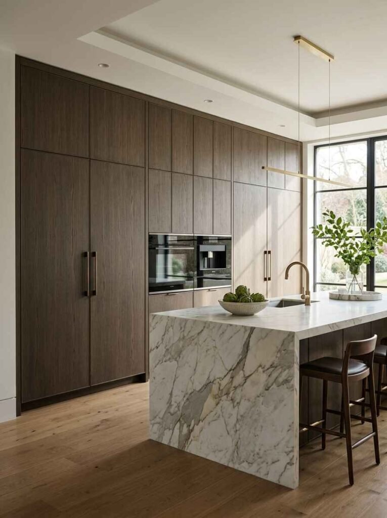 Full-height dark wood built-in appliance wall with panel-ready refrigeration, integrated double ovens, and sleek vertical hardware.