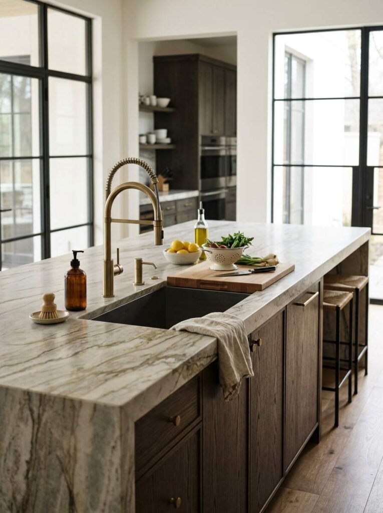 Undermount prep sink with a warm brass commercial spray faucet integrated into a marble waterfall kitchen island with a cutting board.
