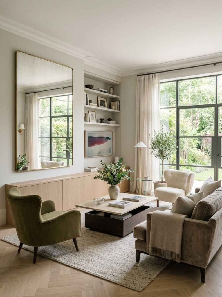 Compact luxury living room with a tall floor-leaning brass mirror, built-in floating cabinets, velvet armchair, and large black-framed windows.