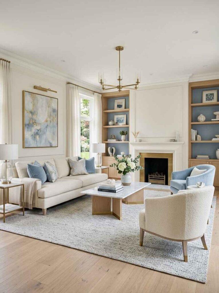 Bright airy living room with off-white walls, soft powder blue shelving backings, cream sectional sofa, light blue velvet accent pillows, and brushed brass details.