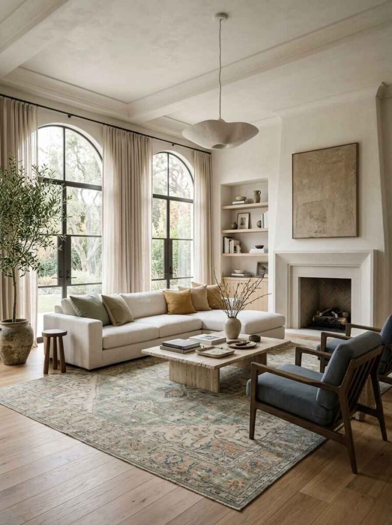 Traditional patterned area rug in soft sage green and muted blue tones anchoring a neutral sectional sofa.