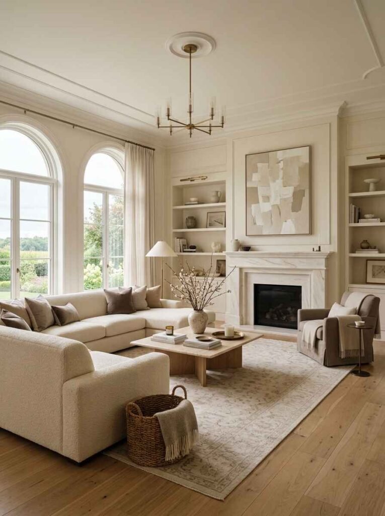 Elegant luxury living room ideas featuring a warm white and cream monochromatic palette, low-profile bouclé sectional sofa, travertine coffee table, and large arched windows