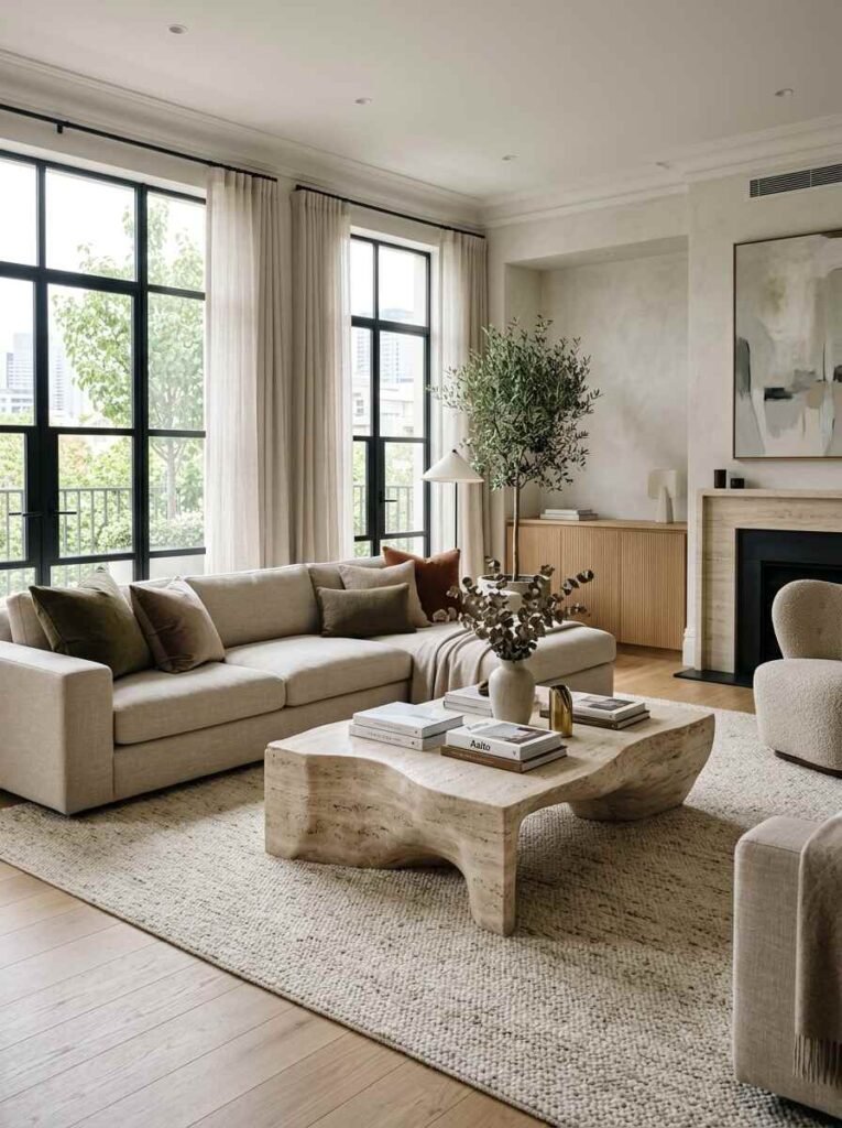 Modern luxury living room centered around an organic, carved travertine plinth coffee table paired with a low-profile sectional sofa
