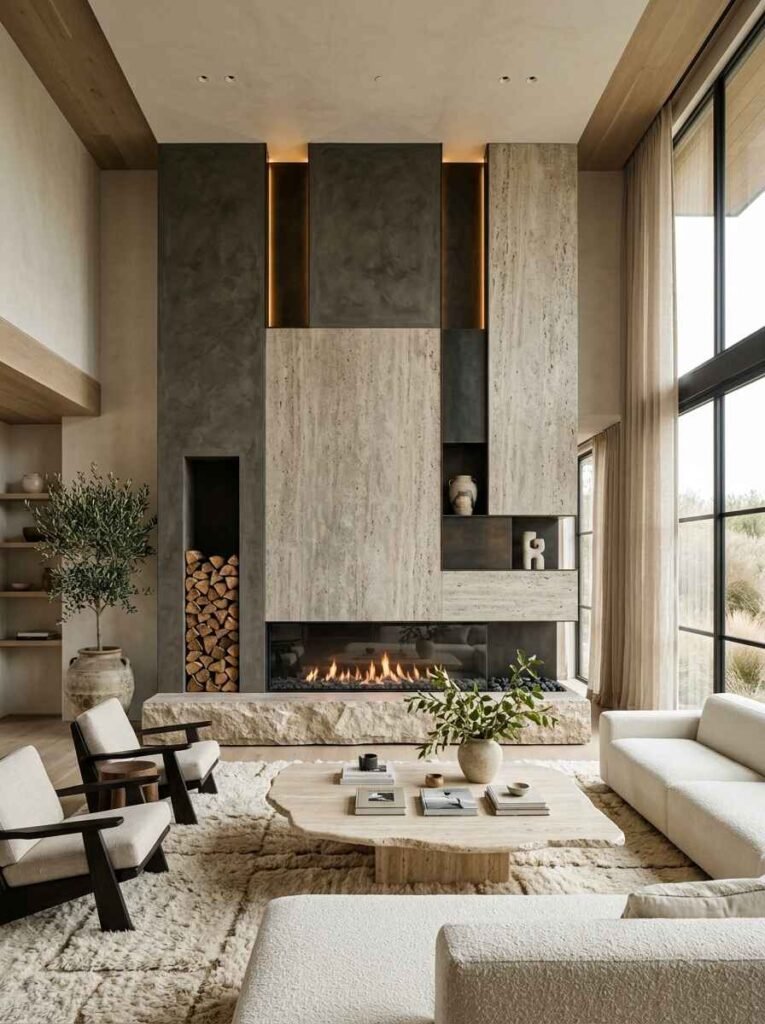 Dramatic high-ceiling living room featuring an architectural accent wall with textured stone panels, vertical wood log storage, and a modern linear fireplace.