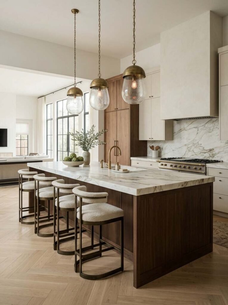 Trio of large hand-blown glass and aged brass statement pendant lights hanging above a fluted dark wood kitchen island.