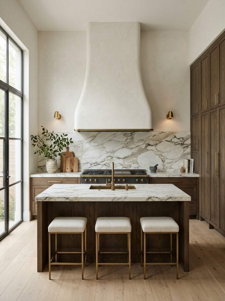Sculptural Venetian plaster statement range hood with brass trim mounted above a calacatta marble backsplash and dark oak cabinetry.