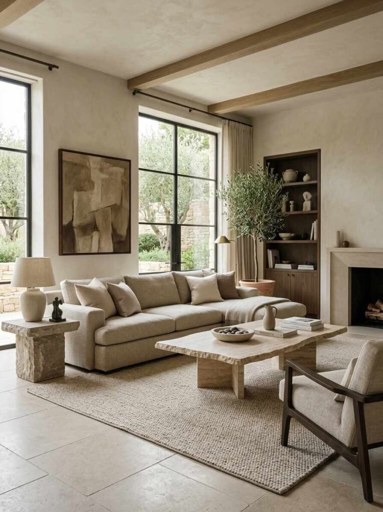 High-end living room featuring a raw-edge travertine coffee table and a matching chisel-cut travertine side table alongside a neutral fabric sectional sofa