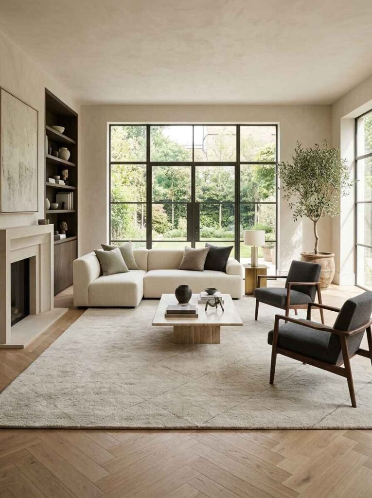 Flat-weave cream area rug with a subtle diamond geometric pattern set in a sunlit modern living room.