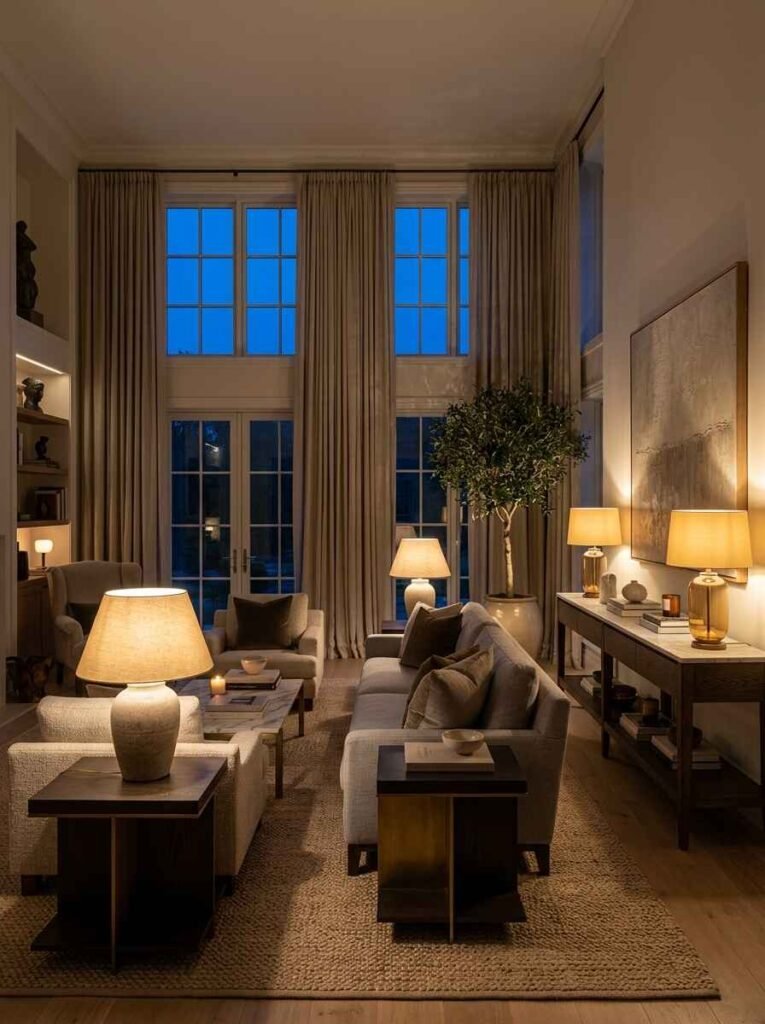 Warm ceramic and glass table lamps styled on side tables and a console table in a luxury living room.