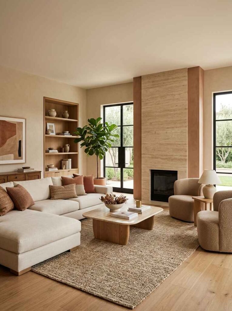 Mediterranean-inspired living room featuring warm beige limewash walls, travertine fireplace, cream sectional sofa accented with terracotta pillows, and a textured jute rug.