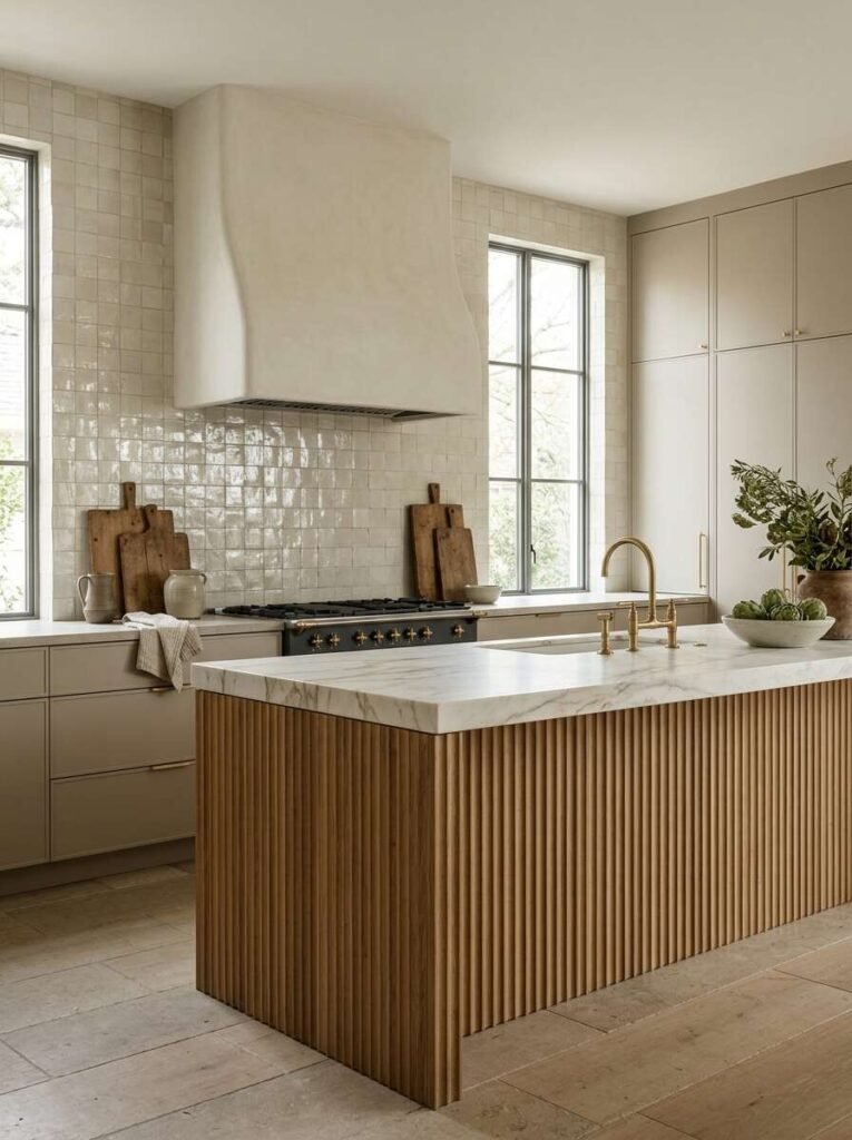 Glossy greige square zellige backsplash tiles with subtle surface texture paired with a fluted wooden kitchen island base.