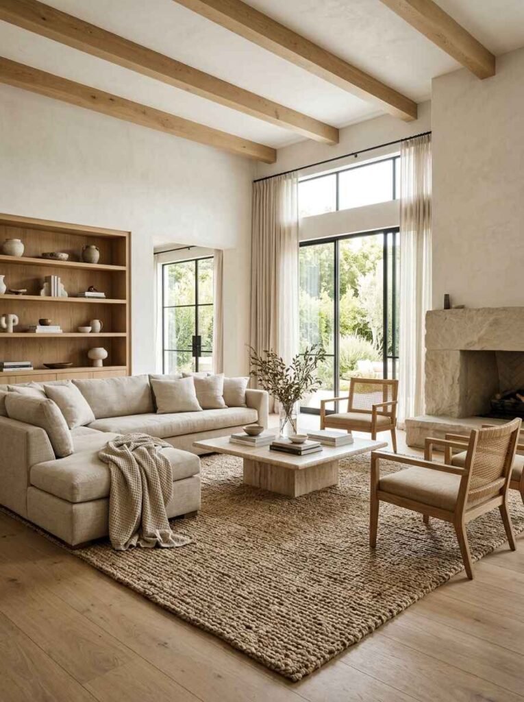 Coarsely woven natural jute area rug adding organic texture under a cream sectional sofa and wood ceiling beams.