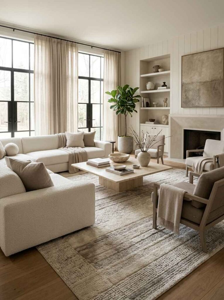 Tone-on-tone beige and cream wool area rug featuring subtle pile variation under modern bouclé armchairs.