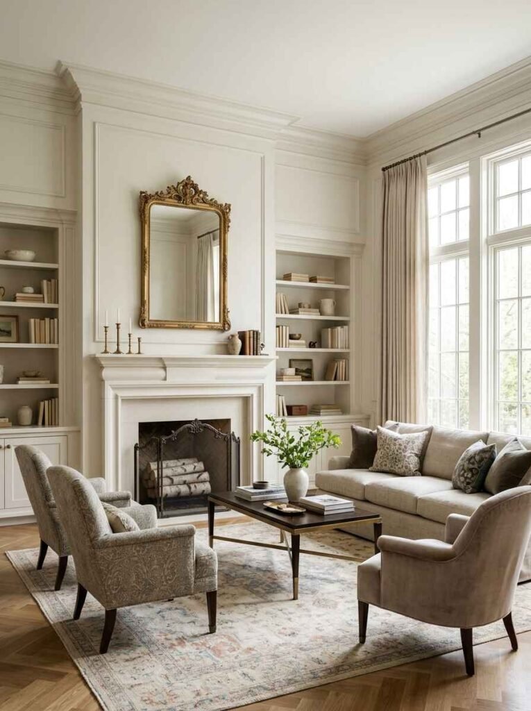 Traditional living room centered around an elegant white fireplace mantel with a ornate gold wall mirror, custom wall molding, and plush armchairs.