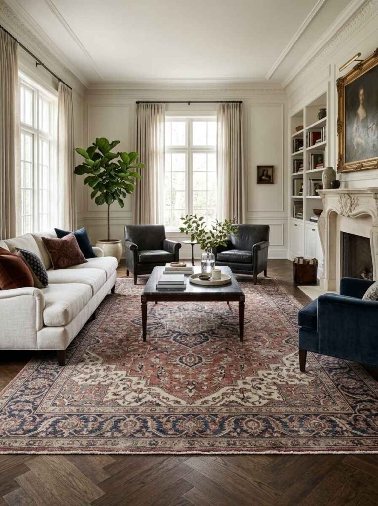 Faded traditional Persian-inspired area rug in muted terracotta and navy tones styling a classic living room.